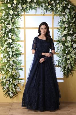 Eye Catching Navy Blue Thread Embroidered Work Net Anarkali Long Gown Semi Stitched 1