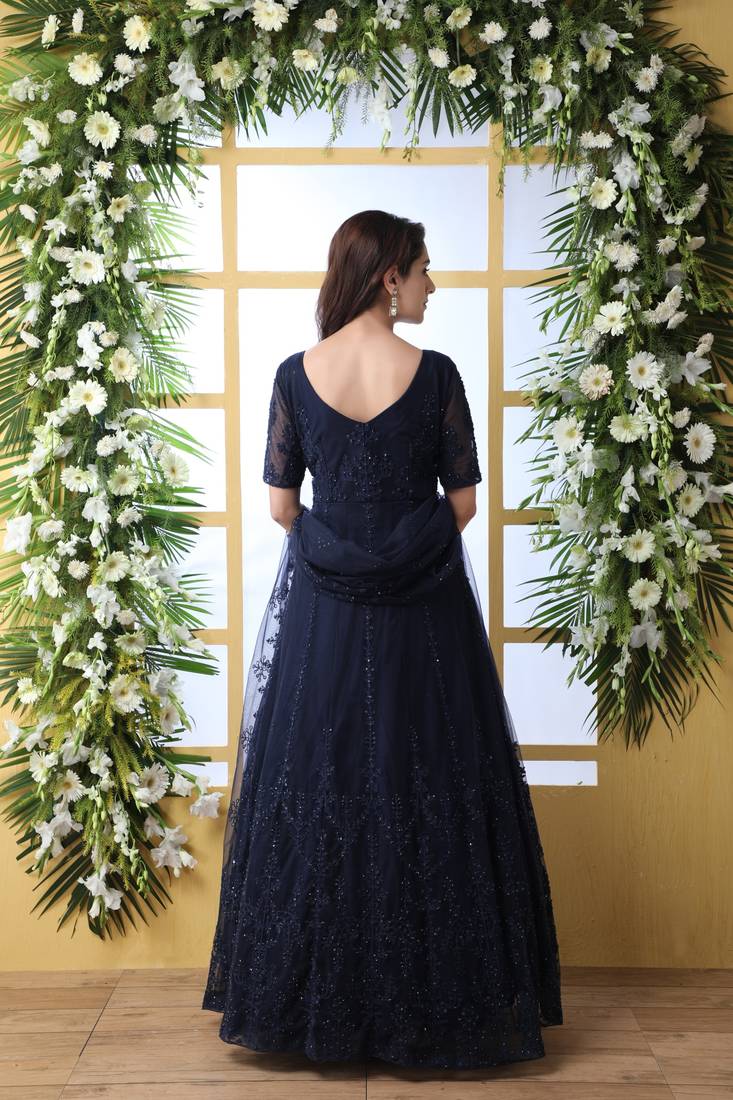 Eye Catching Navy Blue Thread Embroidered Work Net Anarkali Long Gown Semi Stitched