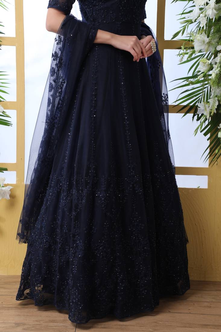 Eye Catching Navy Blue Thread Embroidered Work Net Anarkali Long Gown Semi Stitched
