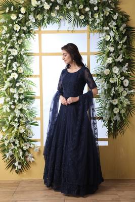 Eye Catching Navy Blue Thread Embroidered Work Net Anarkali Long Gown Semi Stitched 5