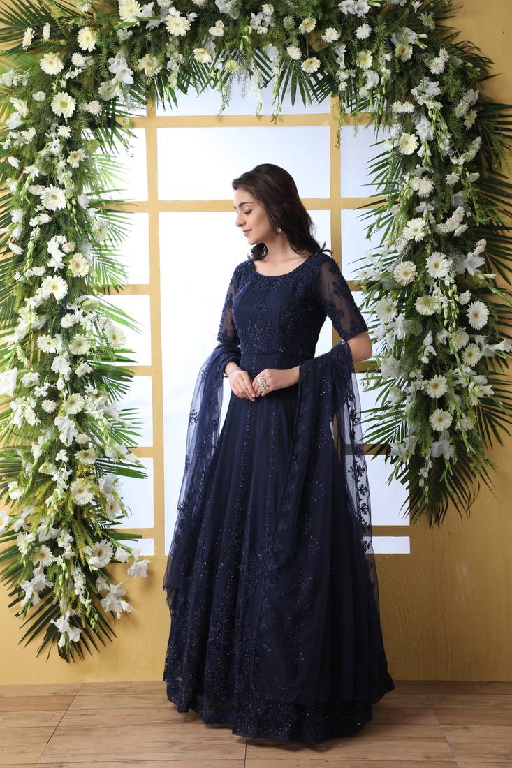 Eye Catching Navy Blue Thread Embroidered Work Net Anarkali Long Gown Semi Stitched