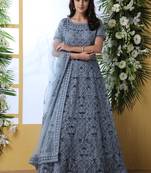 GREY  THREAD EMBROIDERED WORK NET ANARKALI LONG SALWAR SUIT DUPATTA GOWN SEMI STITCHED