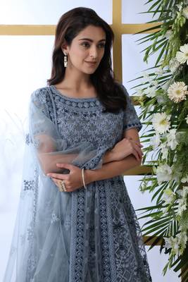 GREY  THREAD EMBROIDERED WORK NET ANARKALI LONG SALWAR SUIT DUPATTA GOWN SEMI STITCHED 2