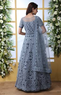 GREY  THREAD EMBROIDERED WORK NET ANARKALI LONG SALWAR SUIT DUPATTA GOWN SEMI STITCHED 3