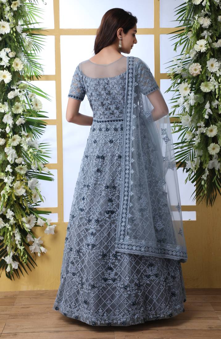 GREY  THREAD EMBROIDERED WORK NET ANARKALI LONG SALWAR SUIT DUPATTA GOWN SEMI STITCHED
