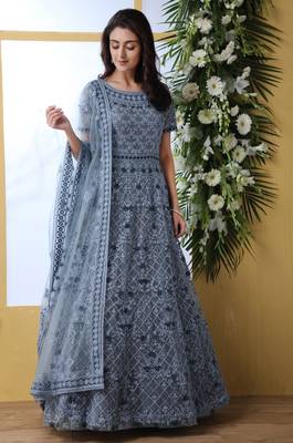 GREY  THREAD EMBROIDERED WORK NET ANARKALI LONG SALWAR SUIT DUPATTA GOWN SEMI STITCHED 4
