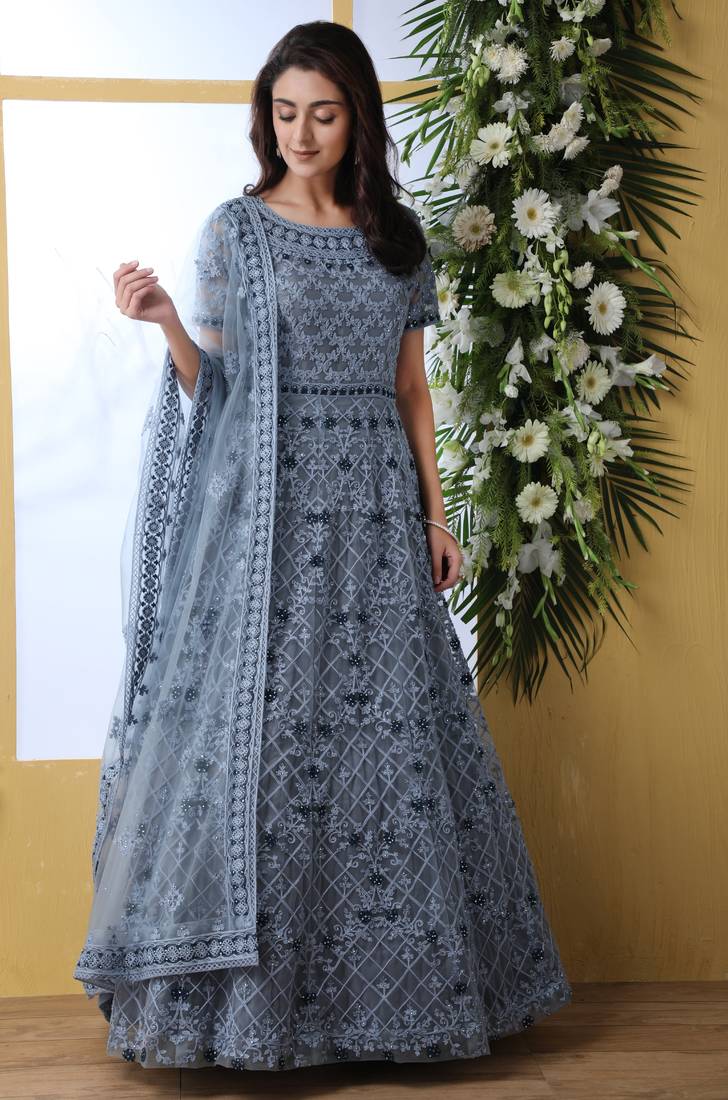 GREY  THREAD EMBROIDERED WORK NET ANARKALI LONG SALWAR SUIT DUPATTA GOWN SEMI STITCHED