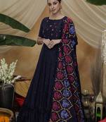 Elegant Navy Blue Thread Embroidered Work Georgette Anarkali Long Gown Semi Stitched