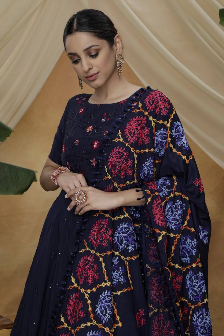 Elegant Navy Blue Thread Embroidered Work Georgette Anarkali Long Gown Semi Stitched