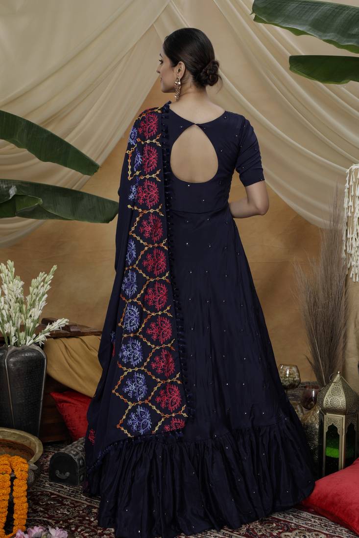 Elegant Navy Blue Thread Embroidered Work Georgette Anarkali Long Gown Semi Stitched