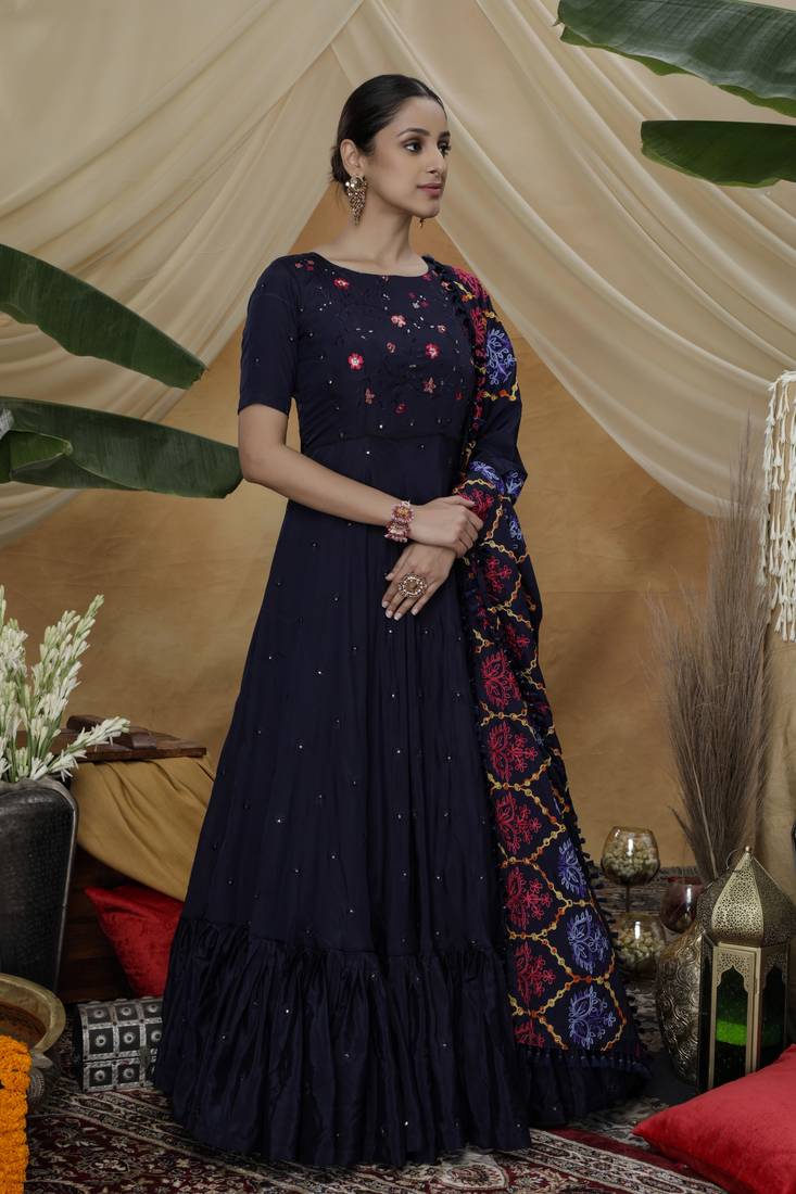 Elegant Navy Blue Thread Embroidered Work Georgette Anarkali Long Gown Semi Stitched