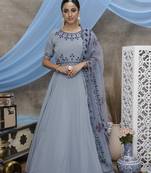 Exotic Grey Thread Embroidered Work Georgette Anarkali Long Gown Semi Stitched