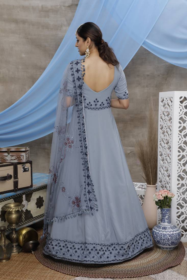 Exotic Grey Thread Embroidered Work Georgette Anarkali Long Gown Semi Stitched