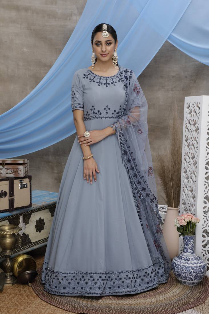 Exotic Grey Thread Embroidered Work Georgette Anarkali Long Gown Semi Stitched