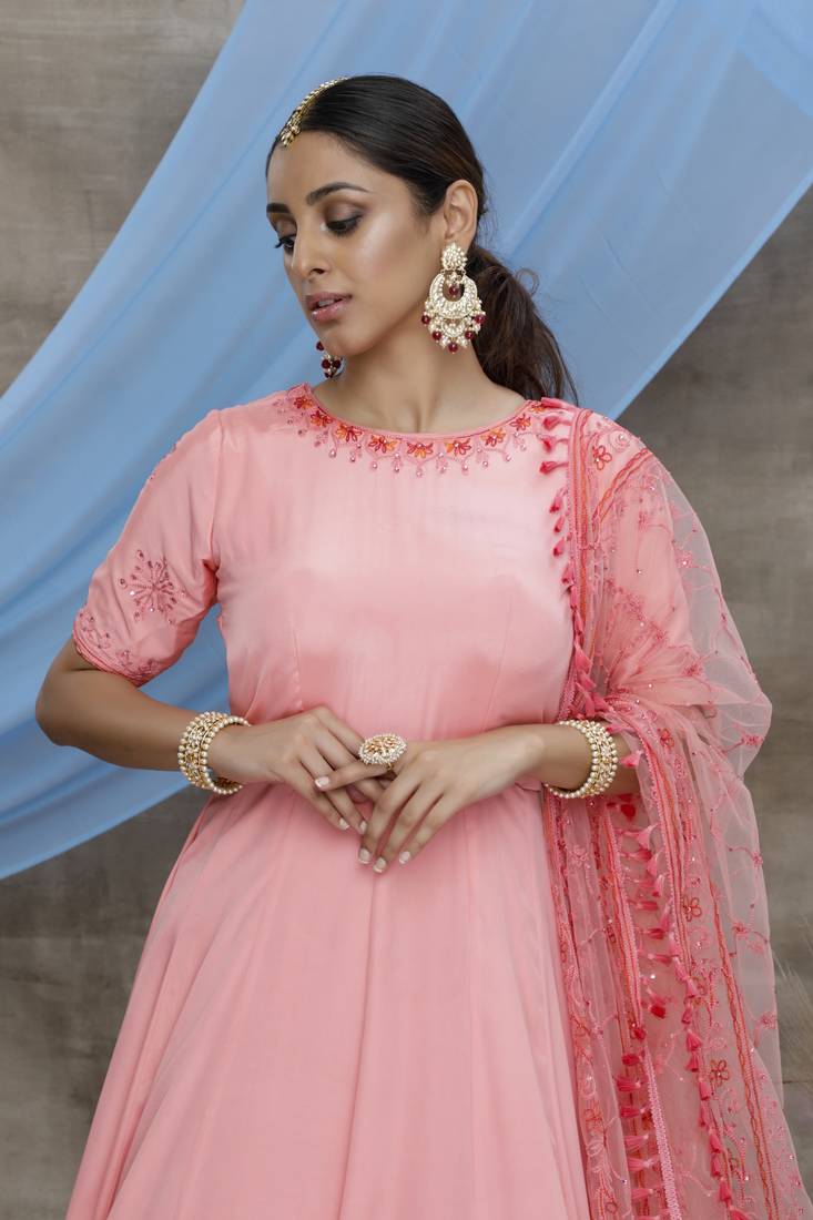 Gorgeous Pink Thread Embroidered Work Georgette Anarkali Long Gown Semi Stitched