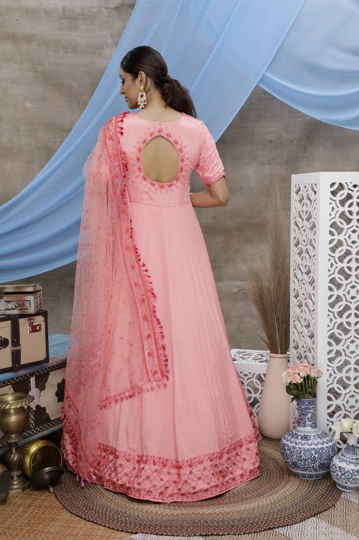 Gorgeous Pink Thread Embroidered Work Georgette Anarkali Long Gown Semi Stitched