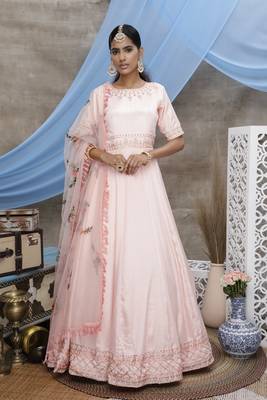 Provocative Peach Thread Embroidered Work Georgette Anarkali Long Gown Semi Stitched 1