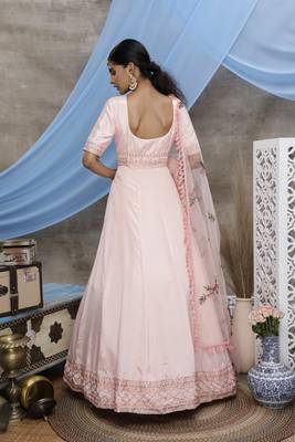 Provocative Peach Thread Embroidered Work Georgette Anarkali Long Gown Semi Stitched 3