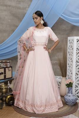 Provocative Peach Thread Embroidered Work Georgette Anarkali Long Gown Semi Stitched 4