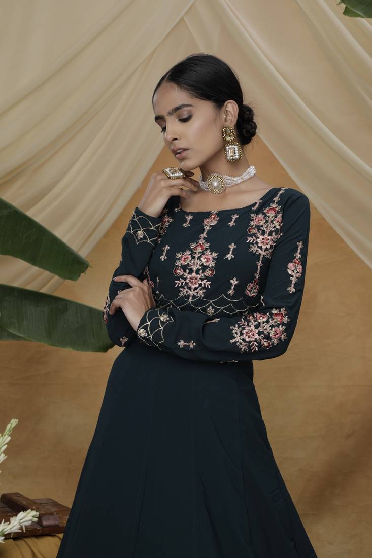 Enchasting Dark Green Thread Embroidered Work Georgette Anarkali Long Gown Semi Stitched