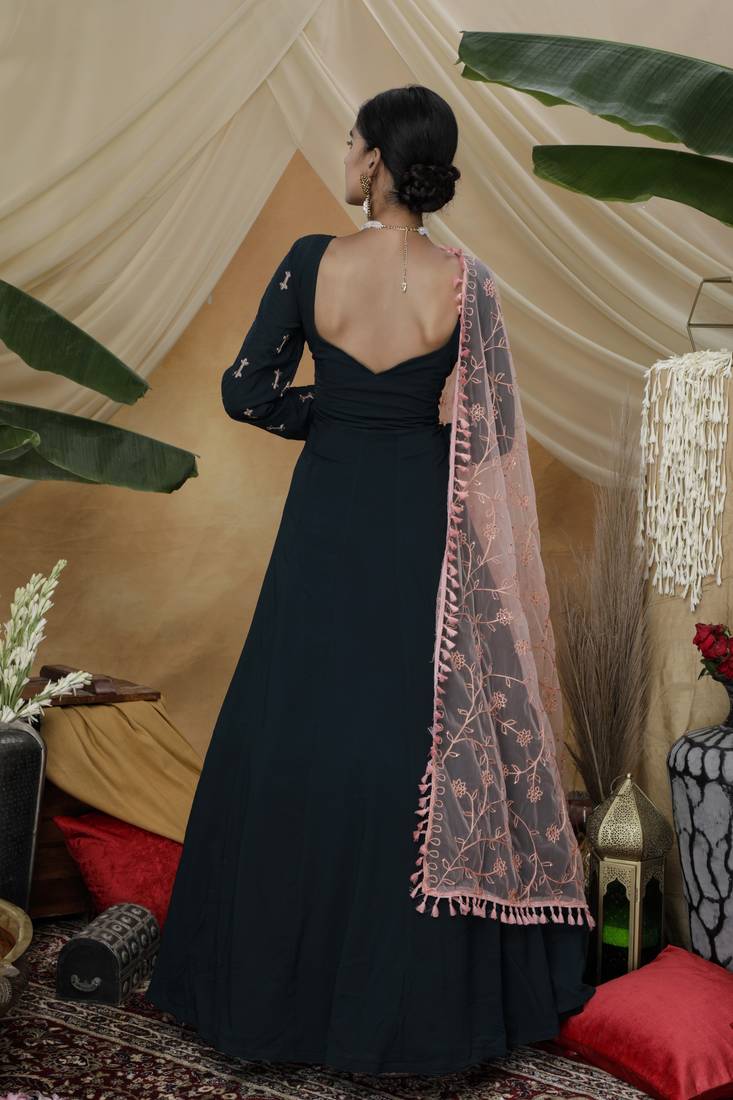 Enchasting Dark Green Thread Embroidered Work Georgette Anarkali Long Gown Semi Stitched
