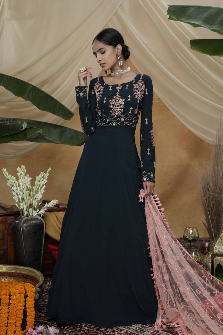 Enchasting Dark Green Thread Embroidered Work Georgette Anarkali Long Gown Semi Stitched