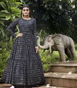 Navy Blue Foilage Print Georgette Designer Gown Semi Stitched
