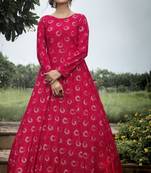 Rani Pink Foilage Print Georgette Designer Gown Semi Stitched