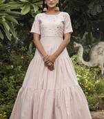 Pink Thread Embroidery Cotton Designer Gown Semi Stitched