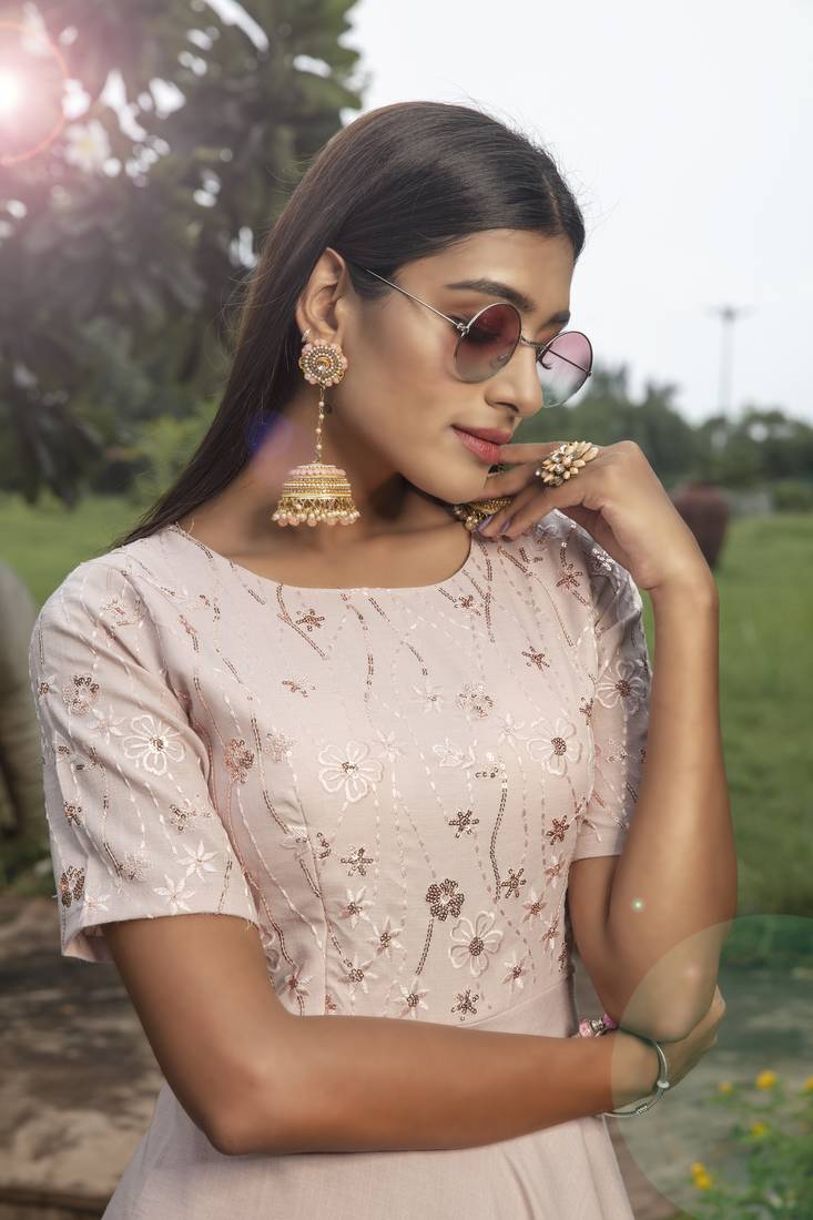 Pink Thread Embroidery Cotton Designer Gown Semi Stitched