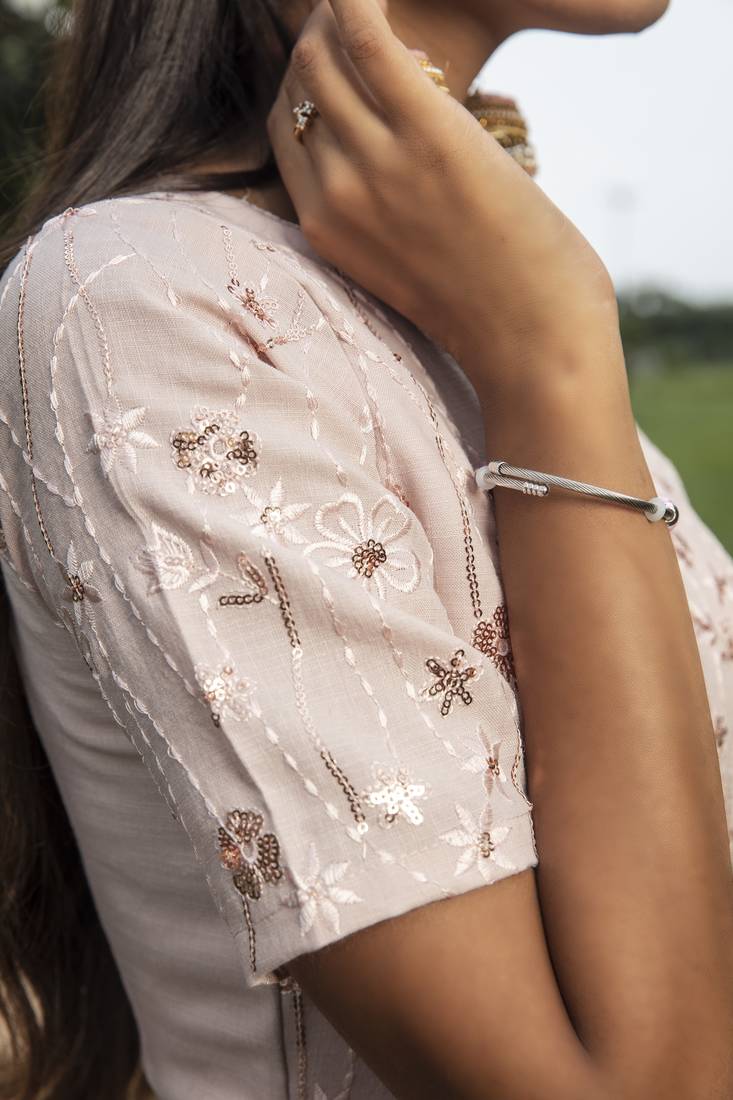 Pink Thread Embroidery Cotton Designer Gown Semi Stitched