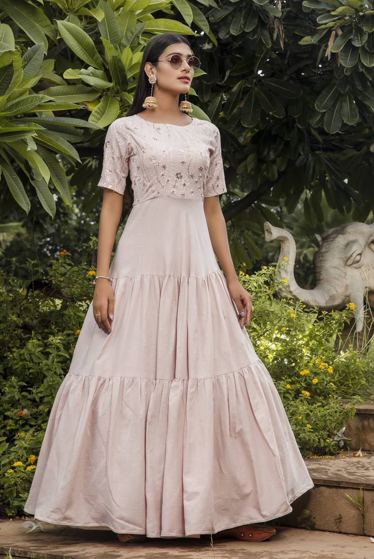 Pink Thread Embroidery Cotton Designer Gown Semi Stitched