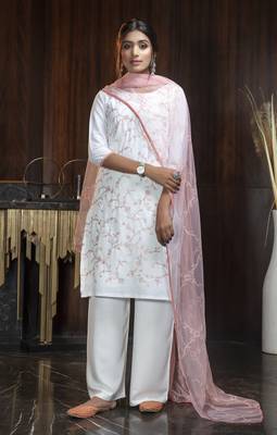 White Thread Embroidery Georgette Salwar Semi Stitched 1