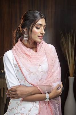 White Thread Embroidery Georgette Salwar Semi Stitched 2