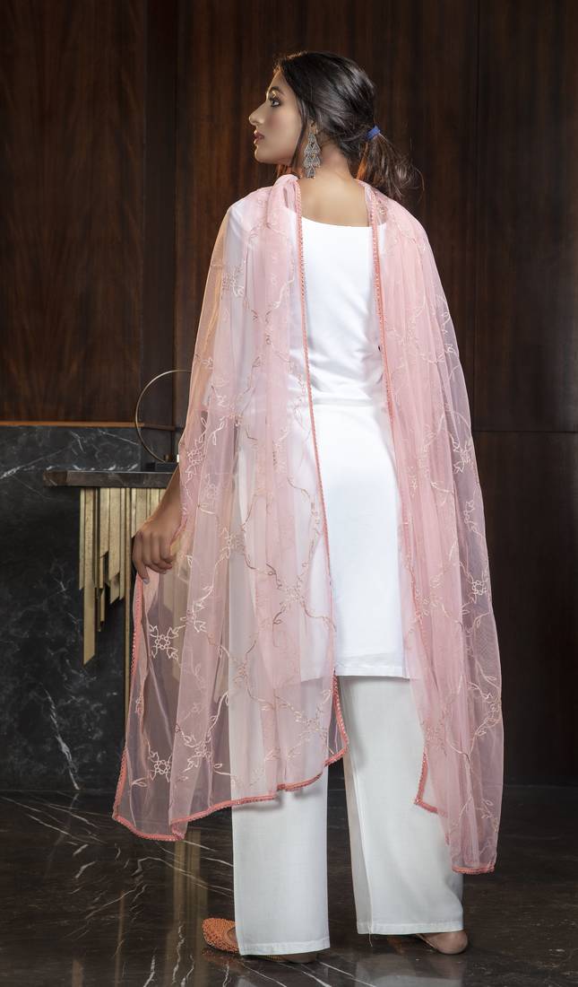 White Thread Embroidery Georgette Salwar Semi Stitched