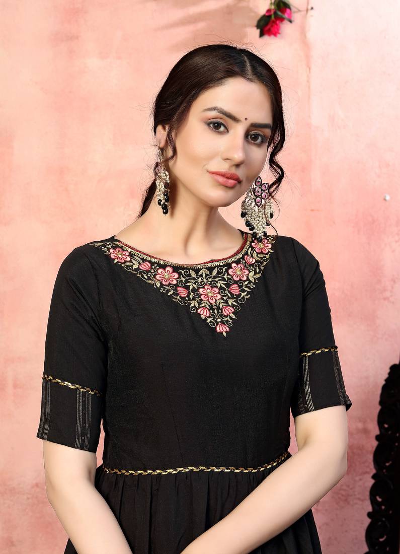 Dazzling Black Thread With Zari Lining Sequence Embroidered Silk Party Wear Gown Semi Stitched
