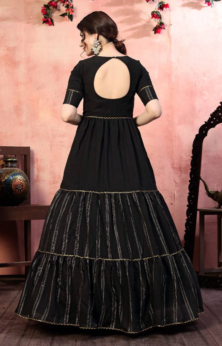Dazzling Black Thread With Zari Lining Sequence Embroidered Silk Party Wear Gown Semi Stitched