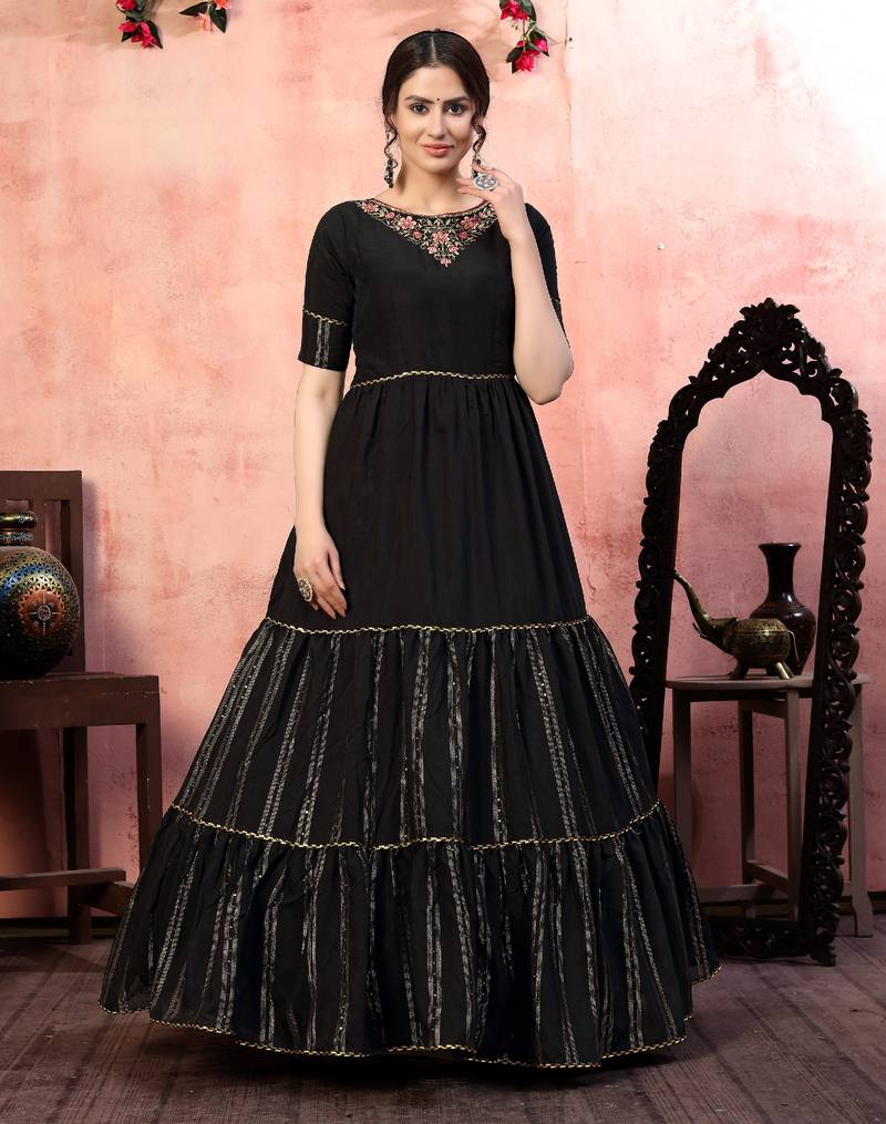 Dazzling Black Thread With Zari Lining Sequence Embroidered Silk Party Wear Gown Semi Stitched
