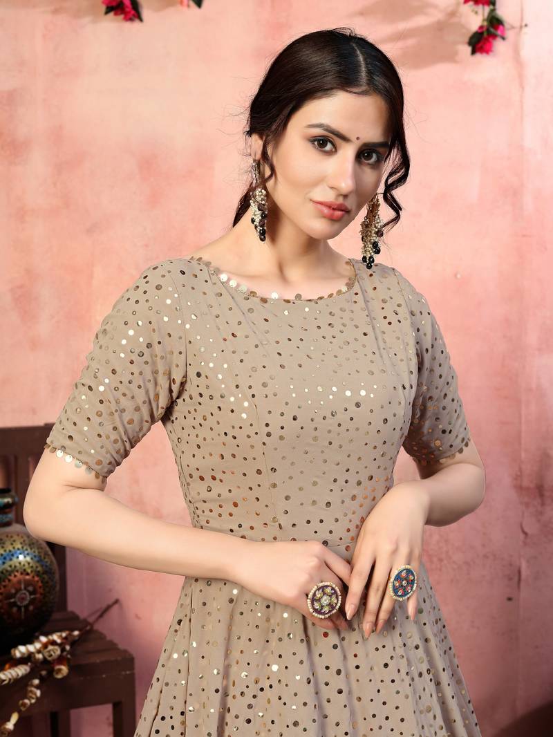 Alluring Beige Fancy Golden Sequins Georgette Party Wear Gown Semi Stitched