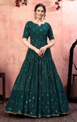Engaging Green Fancy Golden Sequins Georgette Party Wear Anarkali Type Gown Semi Stitched 1