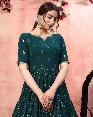 Engaging Green Fancy Golden Sequins Georgette Party Wear Anarkali Type Gown Semi Stitched 2