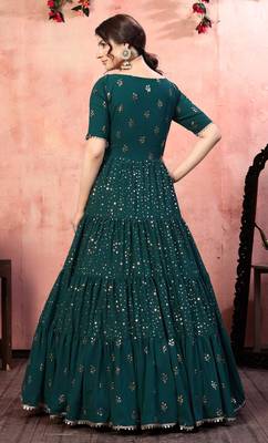 Engaging Green Fancy Golden Sequins Georgette Party Wear Anarkali Type Gown Semi Stitched 3