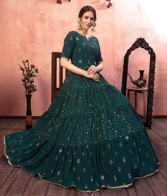 Engaging Green Fancy Golden Sequins Georgette Party Wear Anarkali Type Gown Semi Stitched 4