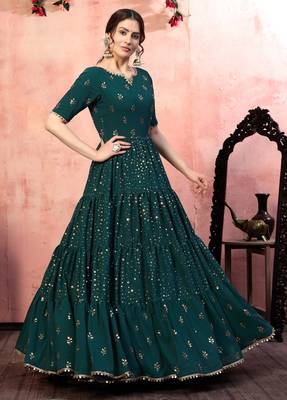 Engaging Green Fancy Golden Sequins Georgette Party Wear Anarkali Type Gown Semi Stitched 5
