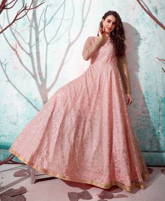 Pink Foilage Print Net Long Evening Party Wear Anarkali Gown Semi Stitched 1