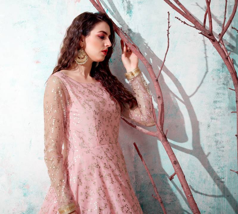 Pink Foilage Print Net Long Evening Party Wear Anarkali Gown Semi Stitched