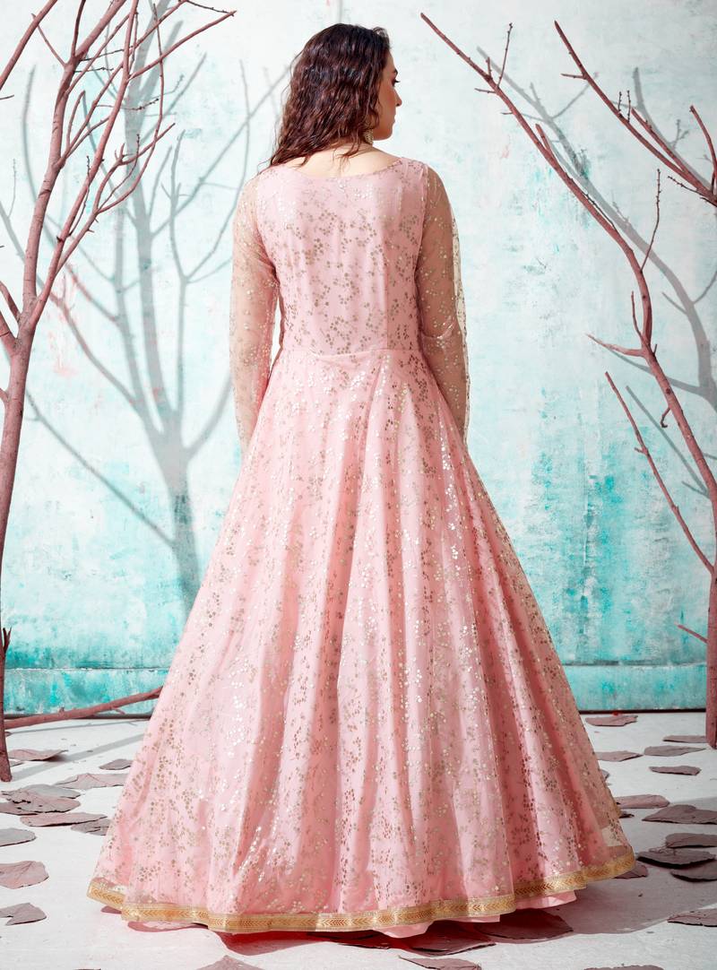 Pink Foilage Print Net Long Evening Party Wear Anarkali Gown Semi Stitched