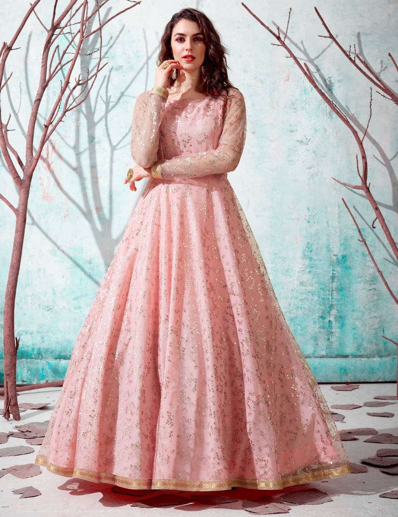 Pink Foilage Print Net Long Evening Party Wear Anarkali Gown Semi Stitched