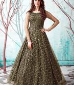 Olive Green Foilage Print Net Long Evening Party Wear Gown Semi Stitched