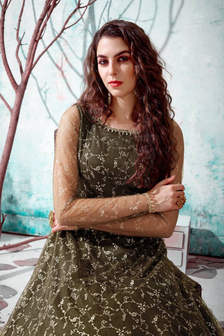 Olive Green Foilage Print Net Long Evening Party Wear Gown Semi Stitched